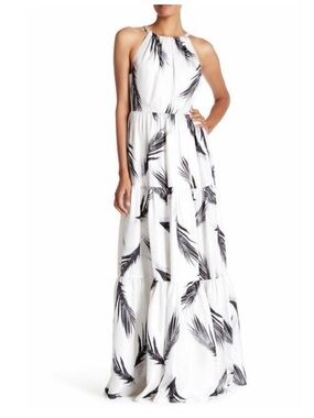 Zac Posen White Maxi Silk Designer Event Dress with Black Palm Print size 0